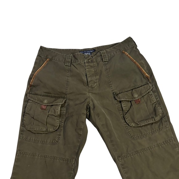 Ralph Lauren Women Olive Green Cargo Pants Casual Leather Trim Size 8 Military - Picture 3 of 10